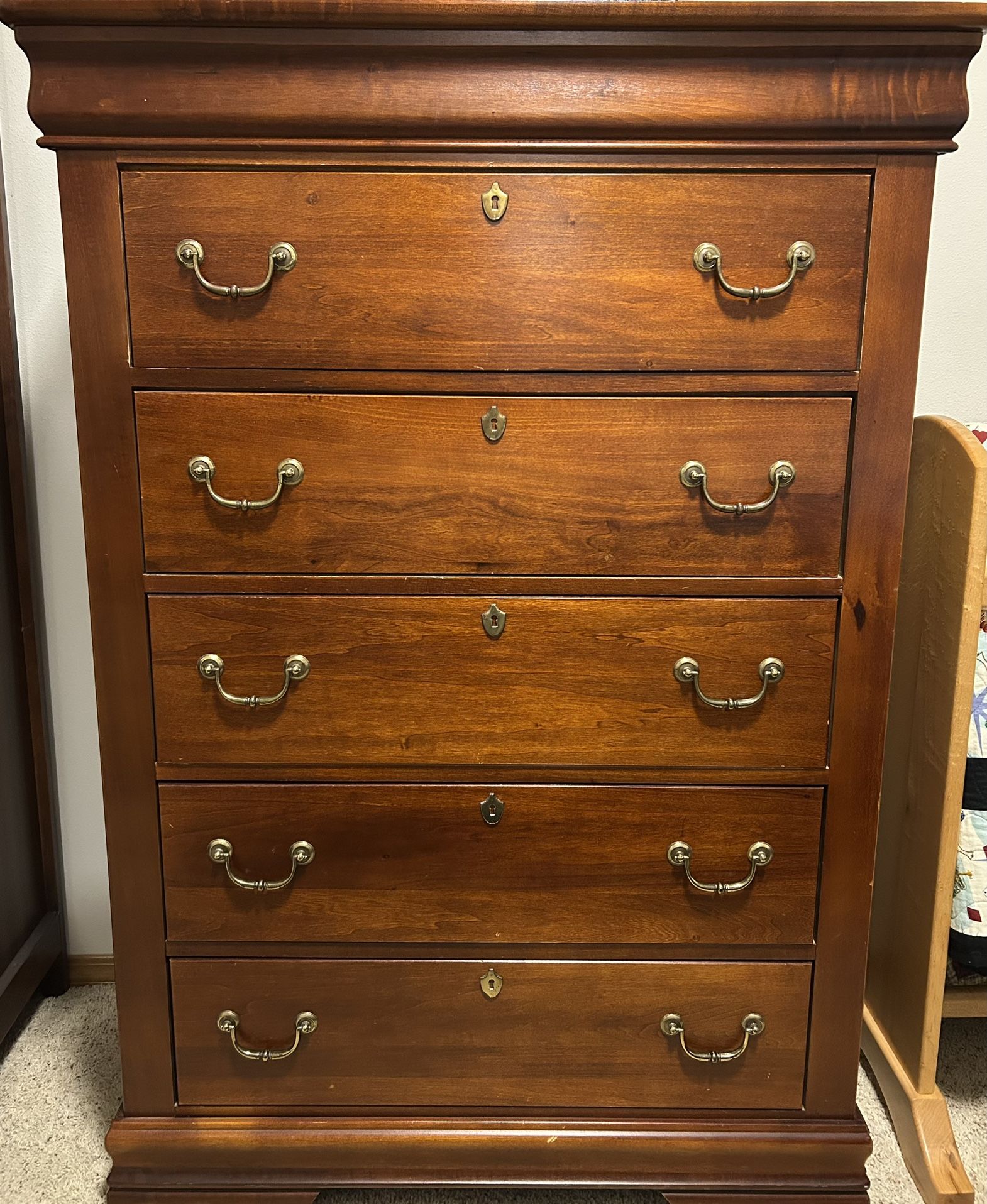 Cherry wood bedroom set (dresser, chest of drawers, and night stand)