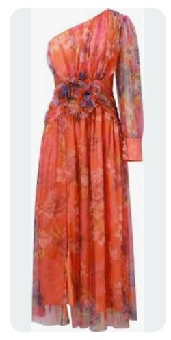 Orange floral maxi dress with sheer sleeves size medium new and a large floral embellishment at the waist #floraldress #maxidress