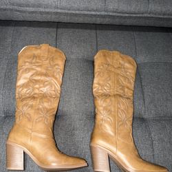 ISNOM Womens Cowboy Knee High Boots Cowgirl Boots Western Boots Brown Flowers