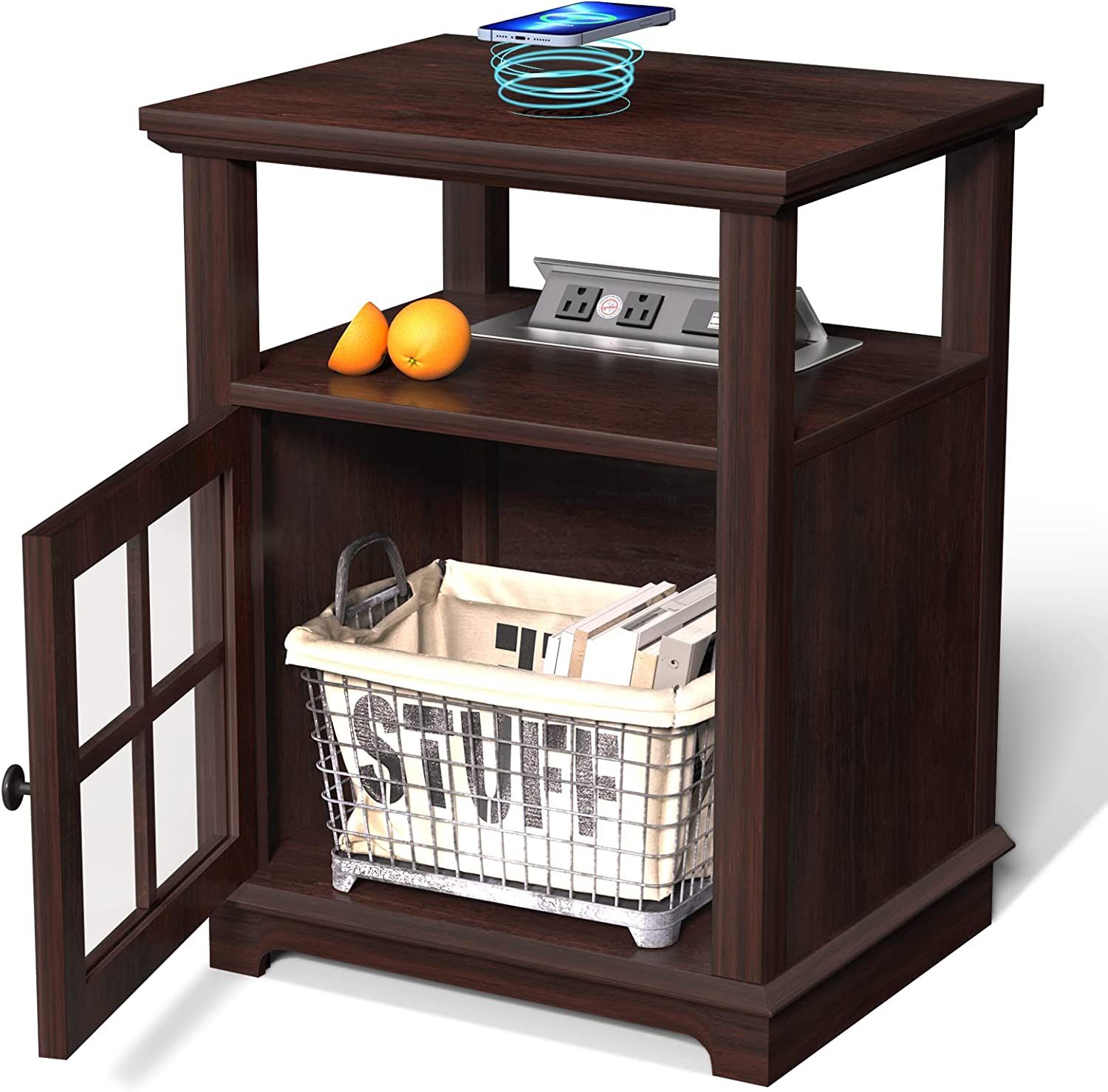 Nightstand with Charging Station, Wireless Charging End Table with Adjustable Storage, Espresso 22\