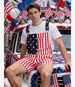 Men Solid Color American Flag Print Short Romper 4th of July Casual Outfit
