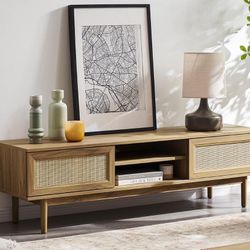 59" TV Stand, Modern Boho Farmhouse Entertainment Center, Natural Rattan TV Console, TV Stand with Storage, Media Console, for Living Room (Oak)