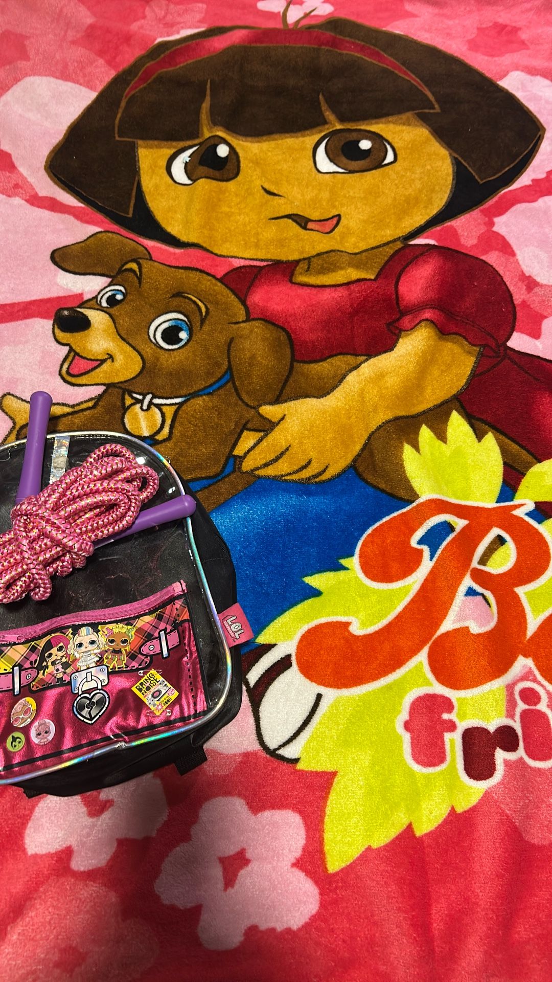 Toddler blanket, jump rope and backpack