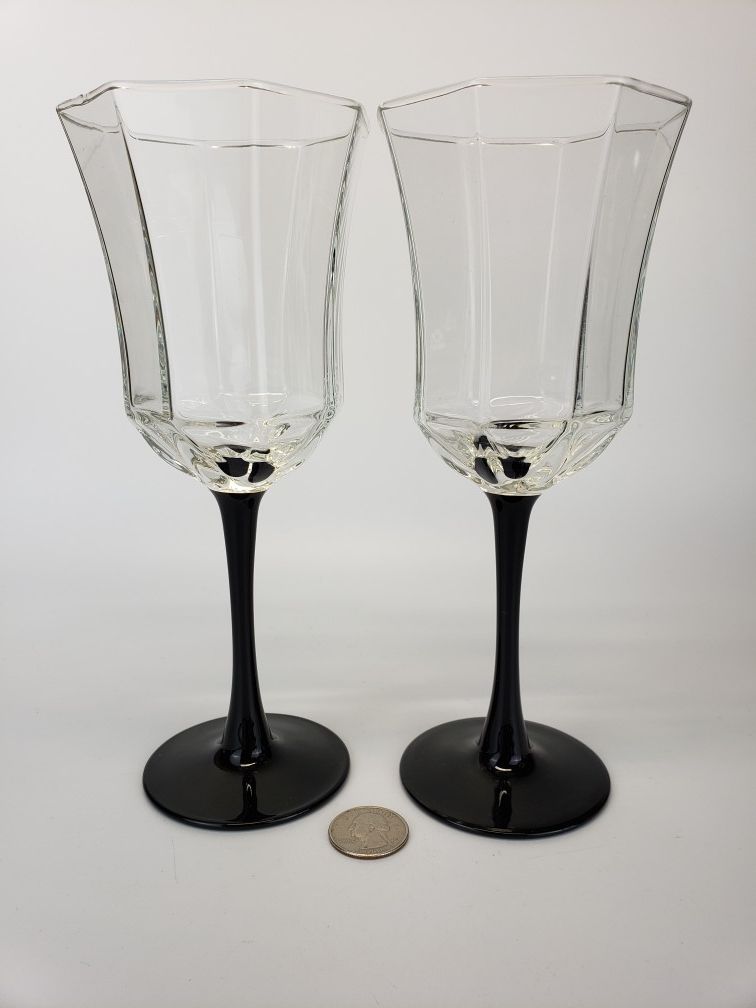 Set of Two (2) Black OCTAGON Luminarc Arcoroc France LARGE Wine Glasses