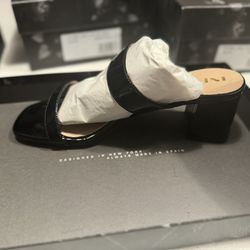 Black Open Toe Two Strap Sandals, 8 1/2 New Patent Leather