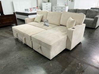 Cream Corduroy Sectional Sofa with Storage Chaise