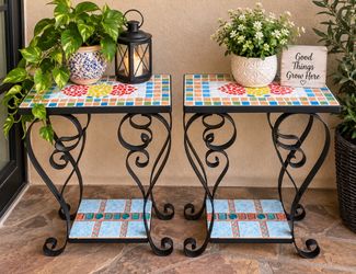 Set of 2 Mosaic Tile Wrought Iron Plant Stands / Accent Tables