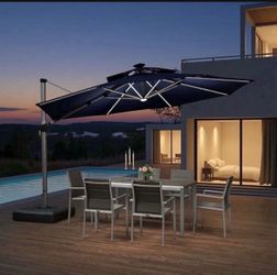 12 Feet Cantilever Umbrella Large Round Umbrella Outdoor Umbrellas Offset Sun Umbrellas Patio Umbrella with Base and Solar Lights