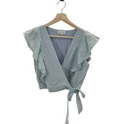 Lost + Wander Womens Eyelet Crop Wrap Top Blue Side Tie Flutter Sleeve S NWT