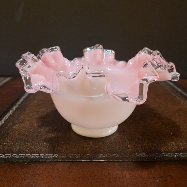 Vintage Fenton Glass Silver Crest Pink and White Ruffled Edge Bowl
