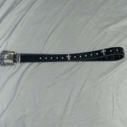 Engraved Buckle Cross Black Strap With Crystal Studded Rhinestone Belt