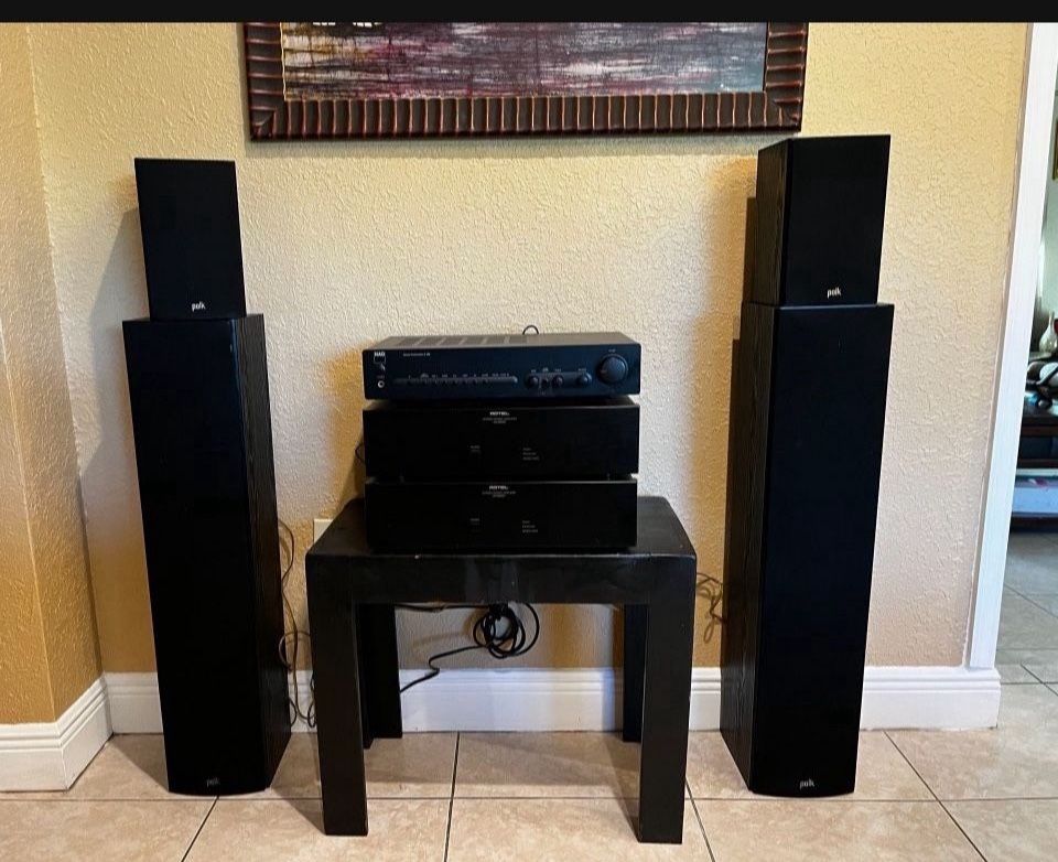 Set Of 3 ROTEL, 2 AMPLIFIERS, 1 PRE-AMP 300 Watts In Total And 4 POLK SPEAKERS… In Good Working Condition… $1,250