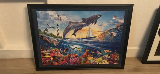Large Framed Ocean & Dolphin Puzzle Wall Art – 38” x 23” 🐢🌊