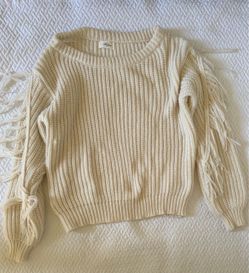 Cream Knit Sweater with Fringe Sleeves