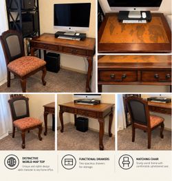 Traditional Wood Writing Desk with World Map Top & Matching Chair