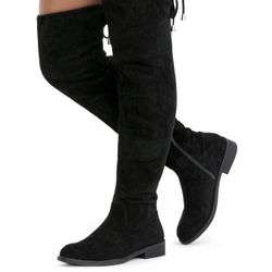 Black Suede Over The Knee High Boots Low Flat Heel 