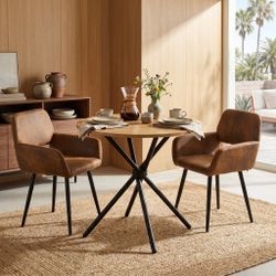 Homy Casa FONTANA+MAYFAIR 3PC Dining Set 31.5” Round Natural Table with 2 Mayfair Suede Brown Upholstered Chairs