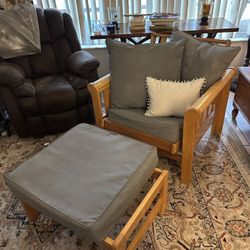 Solid Wood Chair With Ottoman, And Cushions