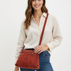 Red Suede Patchwork Crossbody Bag - Adjustable Tie Strap - Boho Purse