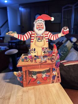 Vintage Santa's Workshop & Elves Musical Motion Wind Up Wooden Christmas Decor