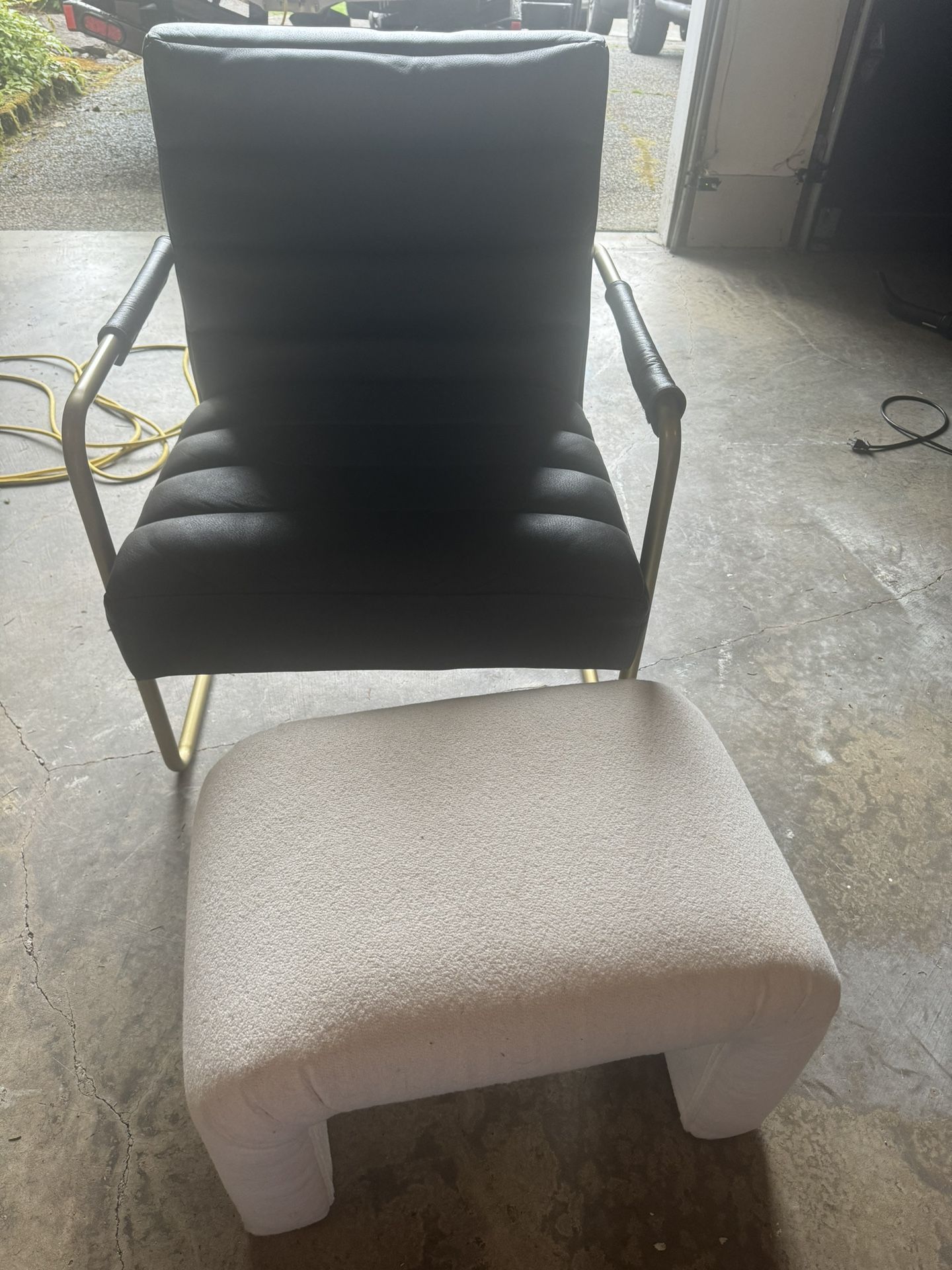 Leather Chair + Boucle Ottoman 