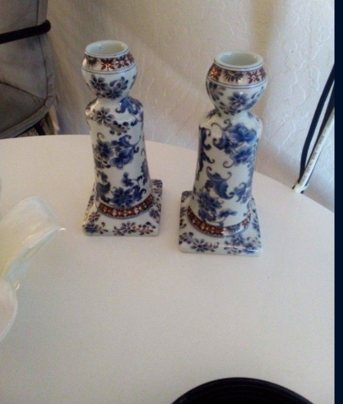 Antique Set Of Porcelain Candle Holders W/ Blue Roses