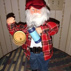 "15 Partying Santa Claus Holding a Wooden Keg and Stein Wearing Blue Jeans And Plaid Coat..In Great Condition..