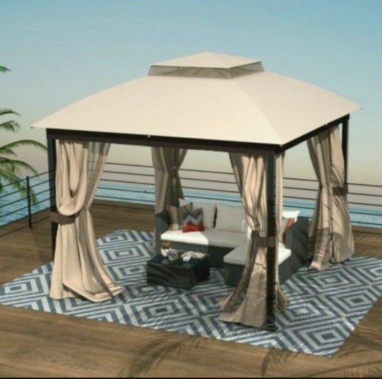 10x10 Patio Double Roof Vent Gazebo Canopy w/Mosquito Netting in Sand