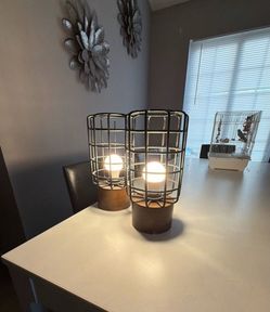 Industrial Metal Cage Table Lamps Set of 2 Wood Base Black 16 Inch