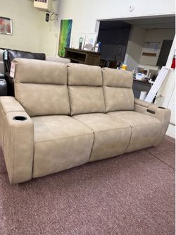 Fabric sofa with two power recliners and six USB ports- Greymel