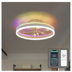 21 in. Smart Integrated LED Indoor RGB White Low Profile Flush Mount Ceiling Fan - New