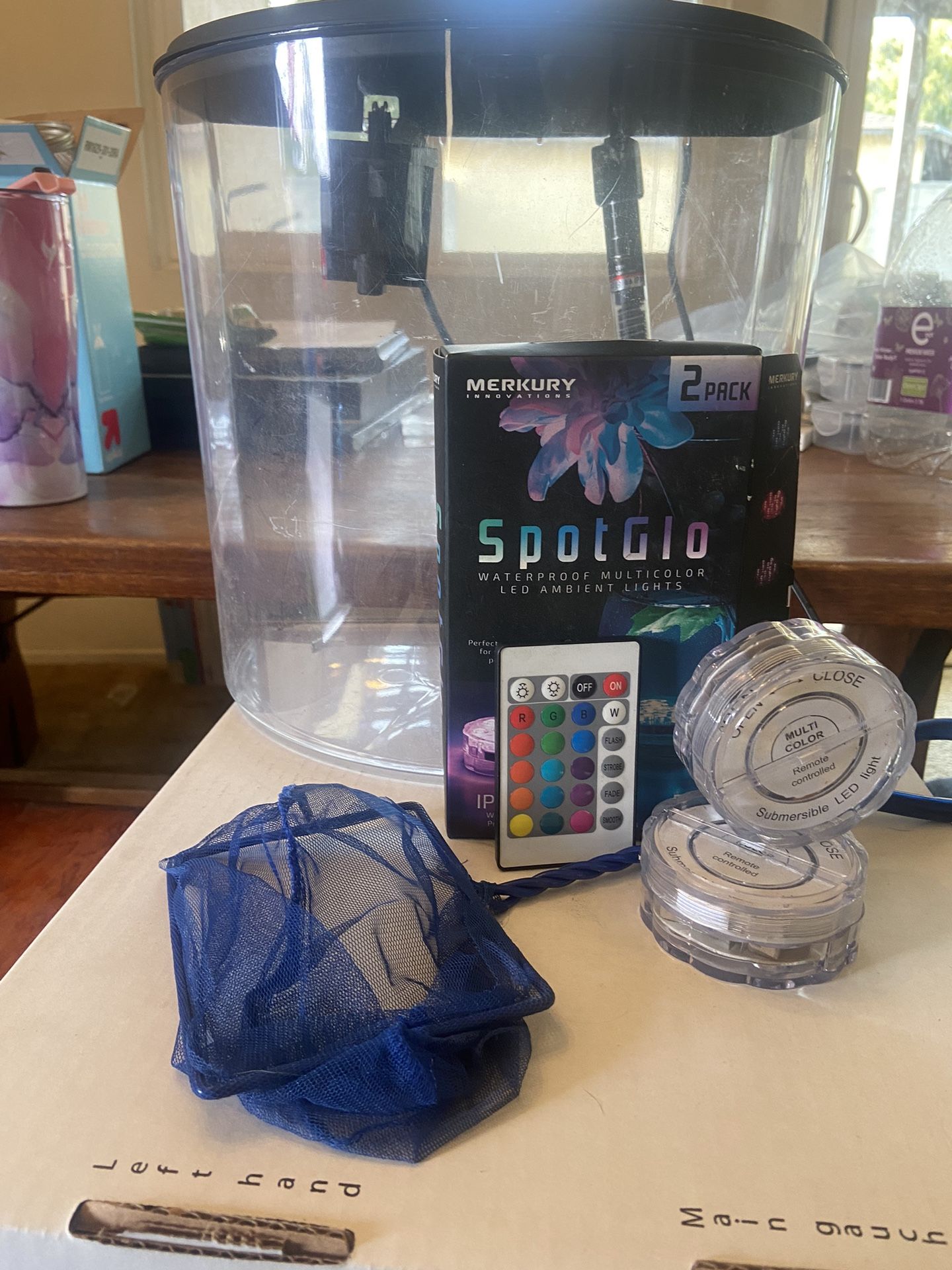 Fish Tank With Filter, Thermometer Lights And Net . Tank Is 3.5 Gallons