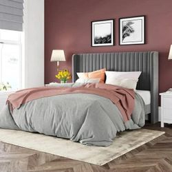 Queen Size Velvet Bed Frame/Vertical Channel Tufted Wingback Headboard. Grey