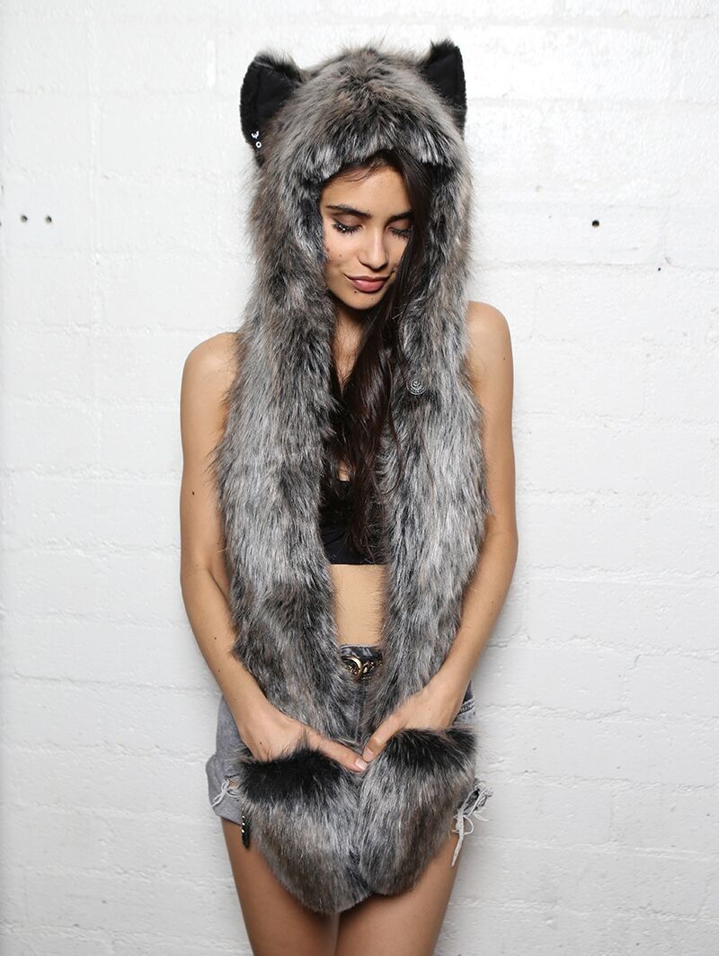 Spirit Hood Grey Wolf Faux Fur Hood