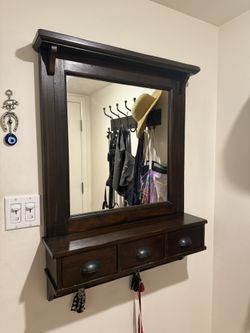 Gorgeous antique dark walnut 3 drawer entryway mirror with hooks