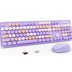 Wireless Keyboard and Mouse Combo, Retro Typewriter Keyboard with Round Keycaps, Full-Size Ergonomic