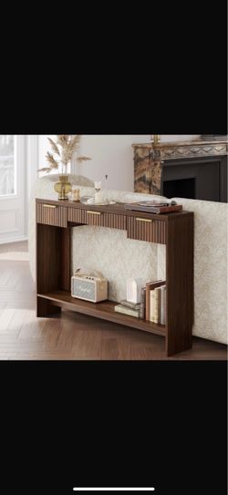Entryway Console Sofa Table with 3 Drawers, Black Walnut Fluted Entryway Table with Open Storage Shelf, Narrow Long Behind Couch Sofa Table for Living
