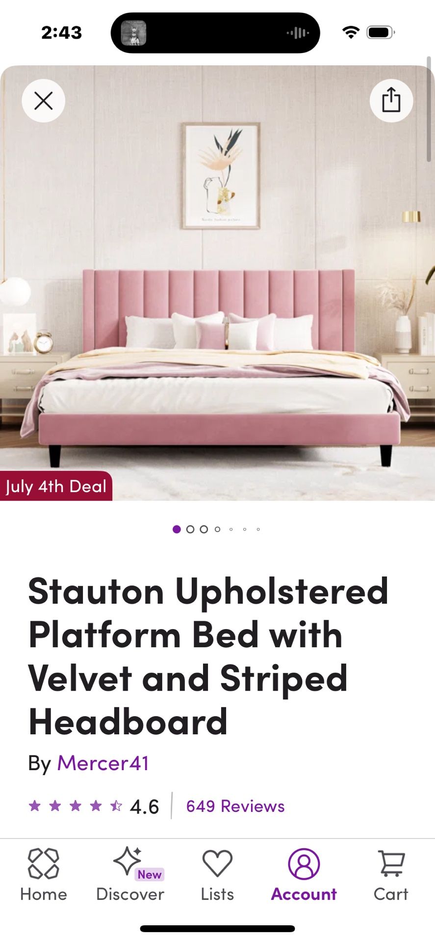 Queen Upholstered  Bed Frame Light Pink