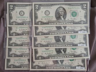 2013 $2 Dollar bills Sequential Serial numbers
