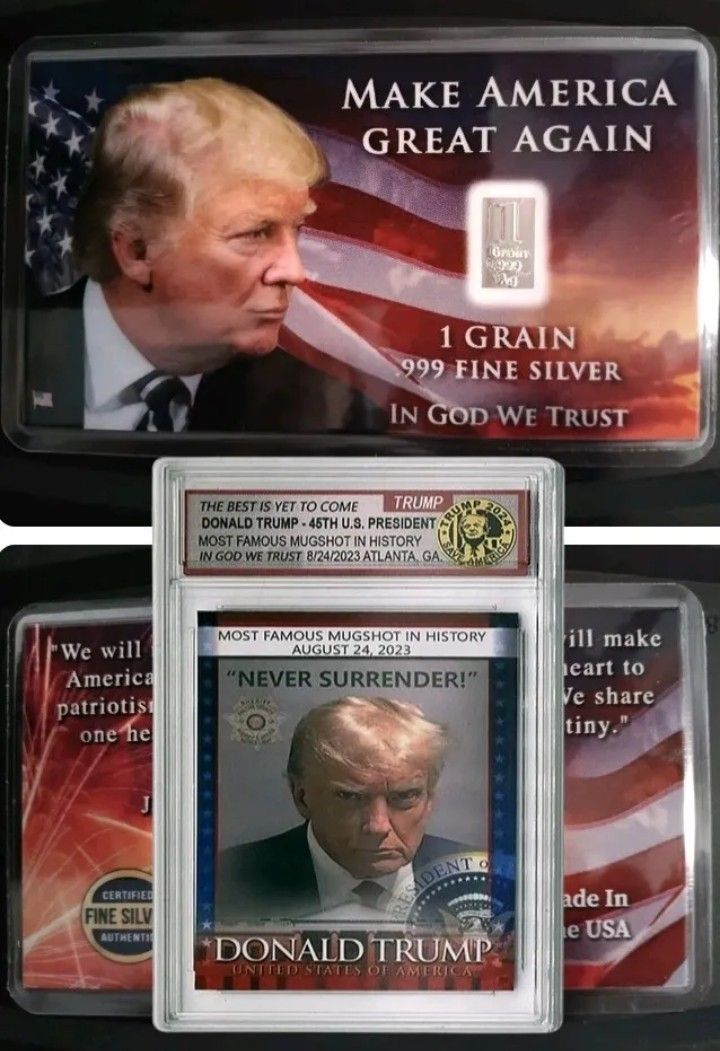 Donald Trump Mugshot Trading Card + 10 MAGA .999 Silver Bar Cards