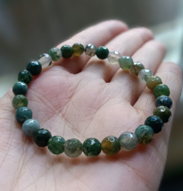 Faceted Irish Moss Agate Crystal Stretch Bracelet Handmade By Master Energy Healer Peace Luck Success Joy 7" 