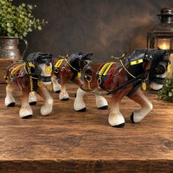 Vintage Set of 3 Ceramic Clydesdale Draft Horses Harness Tack 8”