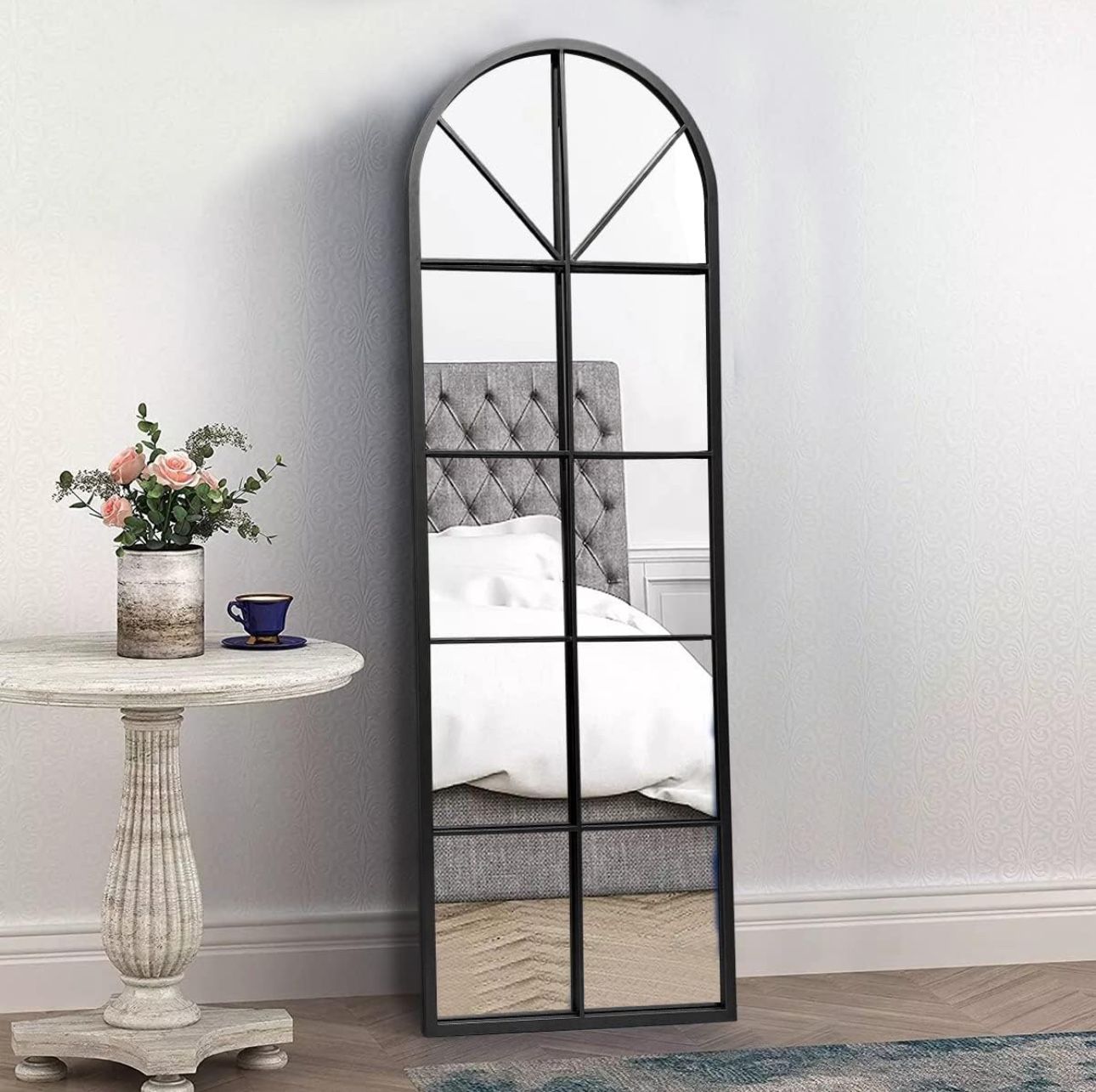 TinyTimes 65×22" Arched Window Finished Full Length Mirror, Wall Mirror, Metal Frame, Home Decor Mirror, Windowpane Mirror, Wall Mounted or Leaning, N
