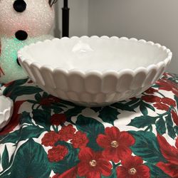 White Milk Glass Thumbprint Bowl With Candlestick Holders