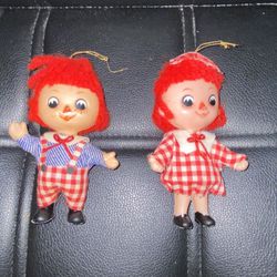 Vintage Raggedy Ann and Andy plastic Christmas ornaments $10