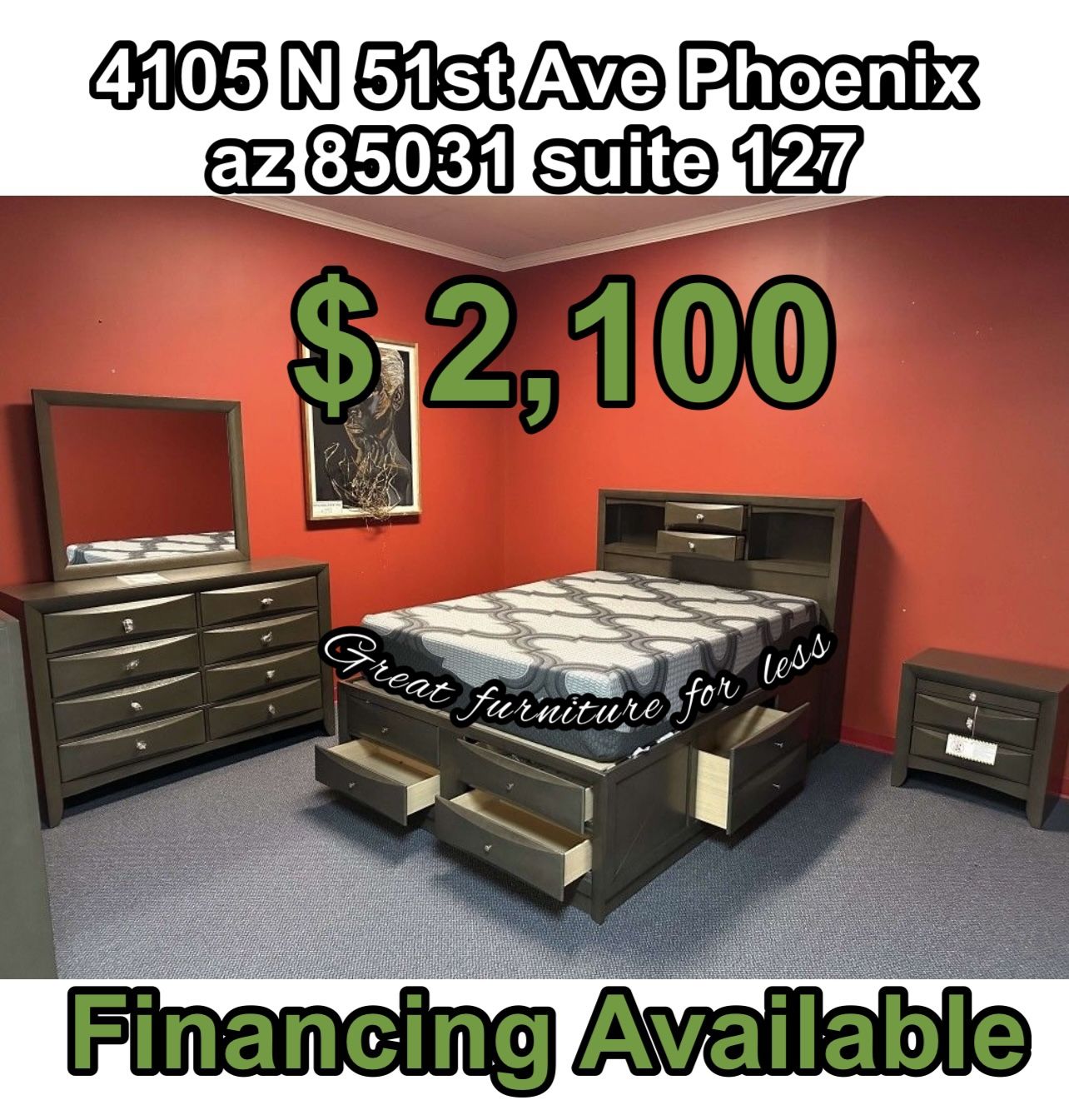 5 PCs Queen Size Bedroom Set Grey Wood Include Bed Frame Dresser Mirror 1 Nightstand And Memory Foam Mattress Brand New