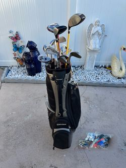 TaylorMade Stand Bag with Full Set of Golf Clubs, Driver, Irons, Wedges, Putters, Balls, and Tees