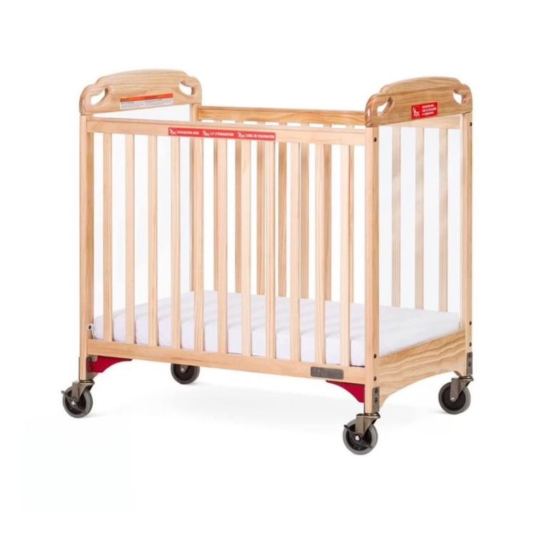 Safe Haven Daycare Evacuation Wooden Compact Portable Crib with 4" Casters, Features Clearview End Panels, Durable Wood Construction, Easy Grib Handle