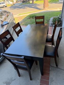 Wooden Dining Room Table - pier 1 imports - Kitchen Table - Dark Wood - Black Leather - 6 Chairs