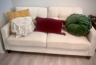 Tv stand, white/cream couch, accent pillows, boho decor, macrame, new queen futon mattress and frame, white rugs, faux plants, real plants, hanging pl